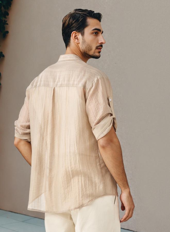 ايكونيك قميص ماندارين بارز الملمس بأكمام ثلاثة أرباع وجيوب على الصدر من أيكونيك - Image 3