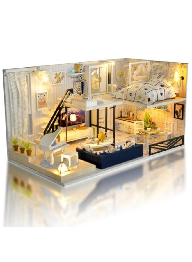 DIY Miniature Dollhouse Kit with Music – Loft House 1:24 Scale, Furniture, Dust Cover, and LED Lights, Handmade Craft Kit for Adults – Perfect Gift for Birthday, Halloween & Home Decor - Image 1