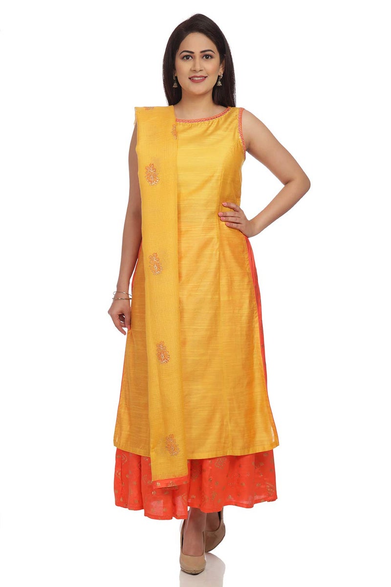 BIBA Womens Round Neck Textured Palazzo Suit (Yellow_42) - Image 1