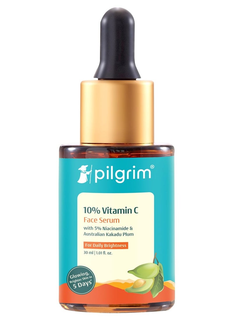 PILGRIM 10 Percent Vitamin C Face Serum 30ml Daily Brightness Glowing Skin Reduces Dark Spots Evens Skin Tone Fragrance Free For Men and Women All Skin Types - Image 1