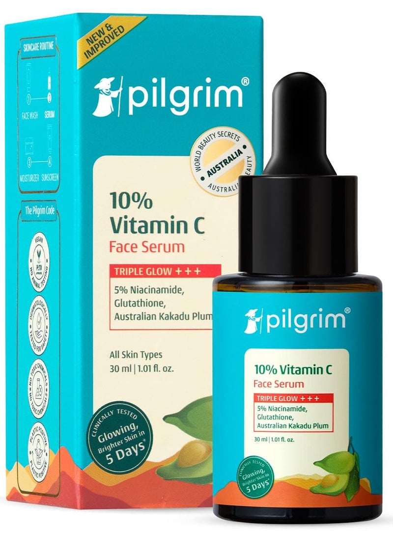 PILGRIM 10 Percent Vitamin C Face Serum 30ml Daily Brightness Glowing Skin Reduces Dark Spots Evens Skin Tone Fragrance Free For Men and Women All Skin Types - Image 1