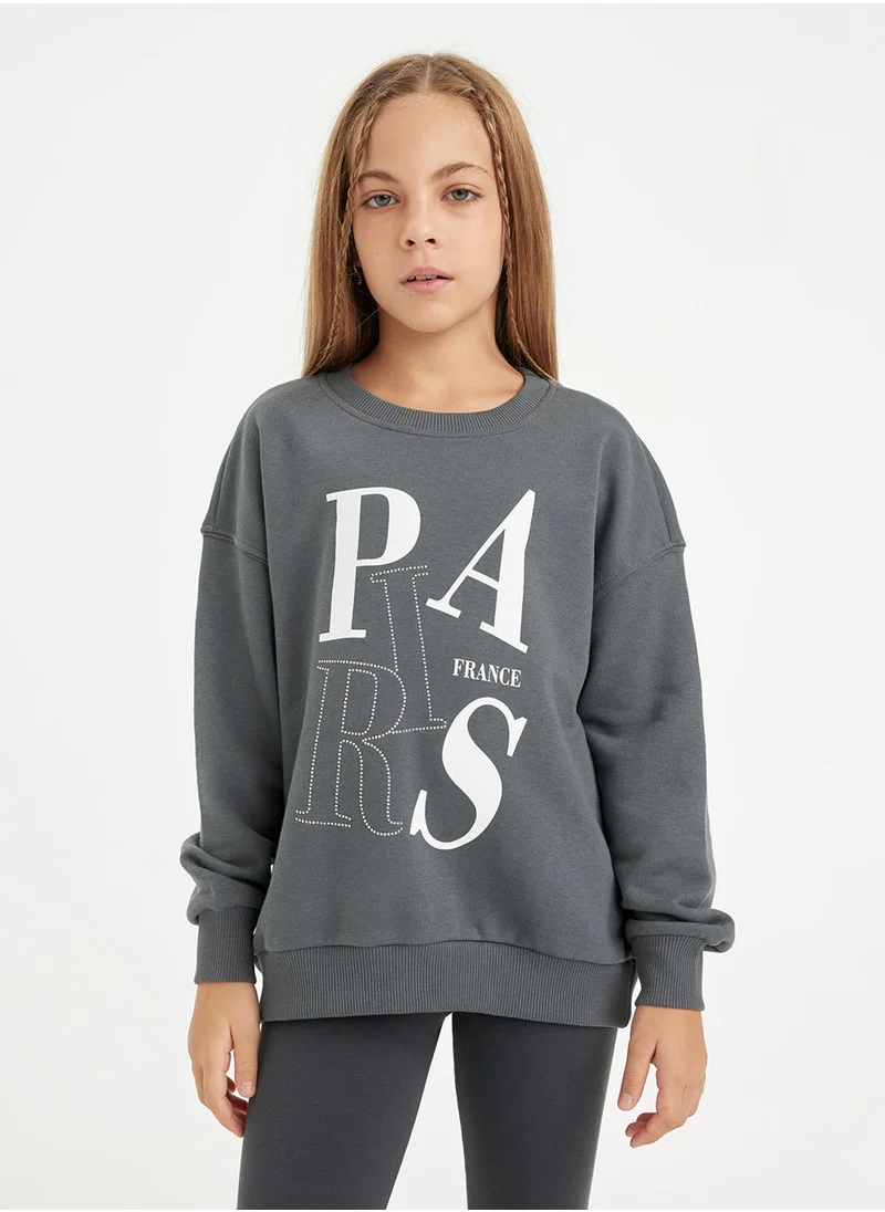 DeFacto Anthracite Oversized Crew Neck Slogan Printed Sweatshirt