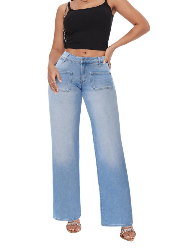 ONESO Mid Low Rise Baggy Jeans Wide Leg for Women Light Blue Pants Stretchy Bottom Lady Basic Comfortable Denim - Image 4