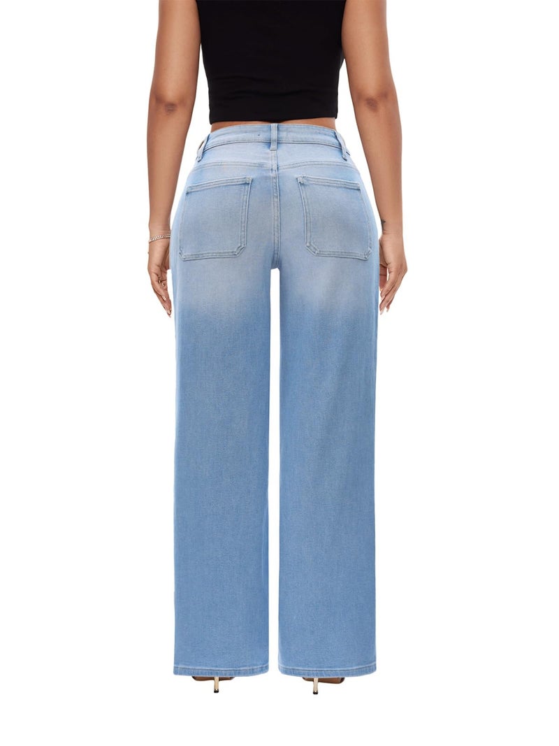 ONESO Mid Low Rise Baggy Jeans Wide Leg for Women Light Blue Pants Stretchy Bottom Lady Basic Comfortable Denim - Image 2
