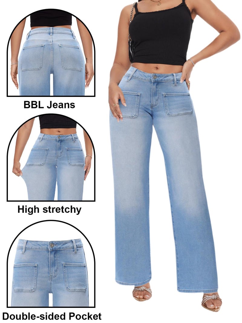 ONESO Mid Low Rise Baggy Jeans Wide Leg for Women Light Blue Pants Stretchy Bottom Lady Basic Comfortable Denim - Image 5