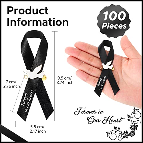 Geosar 100 Pcs Dove Funeral Memorial Ribbons Pins Memorial Service Respect Funeral Personalized Ribbon Bow with Safety Pins and White Dove for Mourning Remembrance Day Event(Black) - Image 2