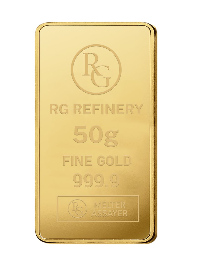 RG REFINERY - Rafmoh Bullion 50 Gram 24k Gold Bar with Burj Al Arab Design - 50 Grams Gold Bar 24KT 999.9 Purity - Image 1
