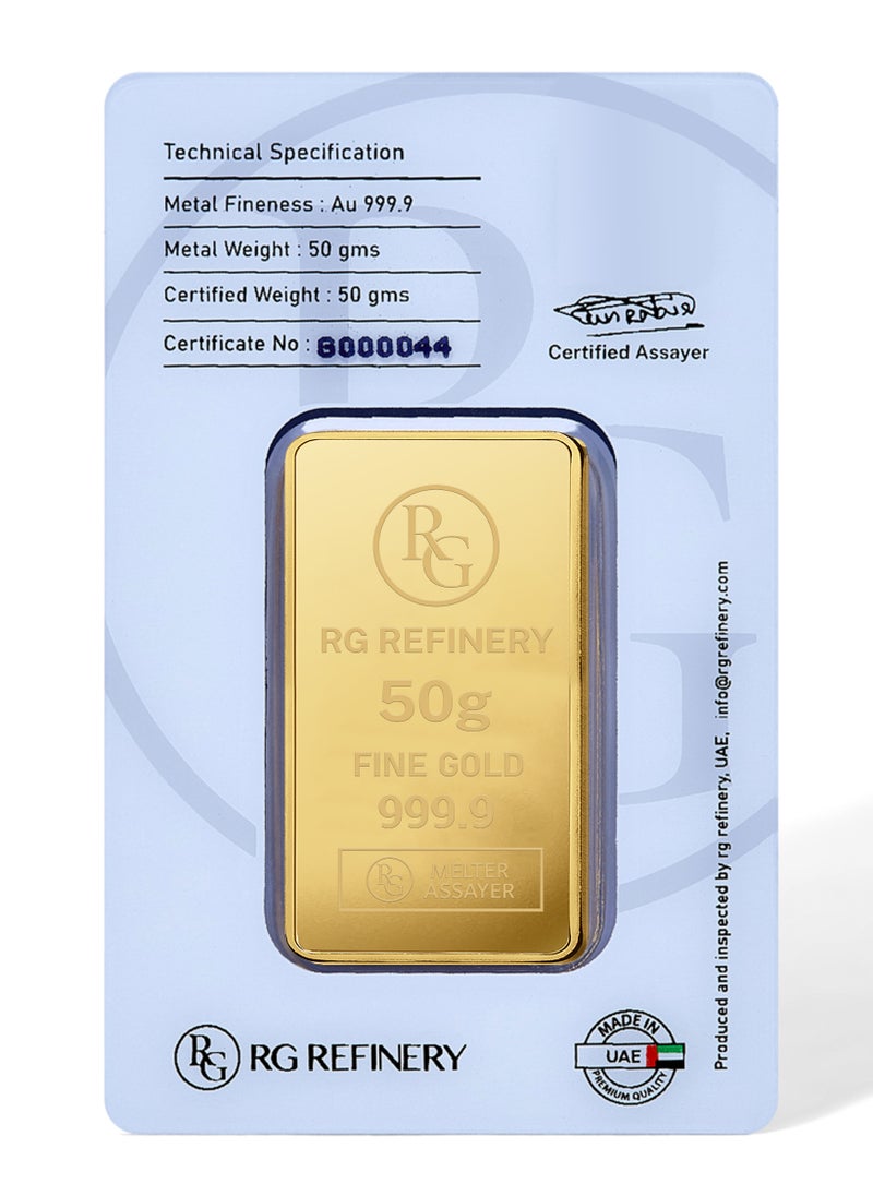 RG REFINERY - Rafmoh Bullion 50 Gram 24k Gold Bar with Burj Al Arab Design - 50 Grams Gold Bar 24KT 999.9 Purity - Image 1