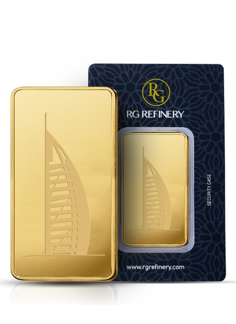 Rafmoh Bullion 50 Gram 24k Gold Bar with Burj Al Arab Design - 50 Grams Gold Bar 24KT 999.9 Purity