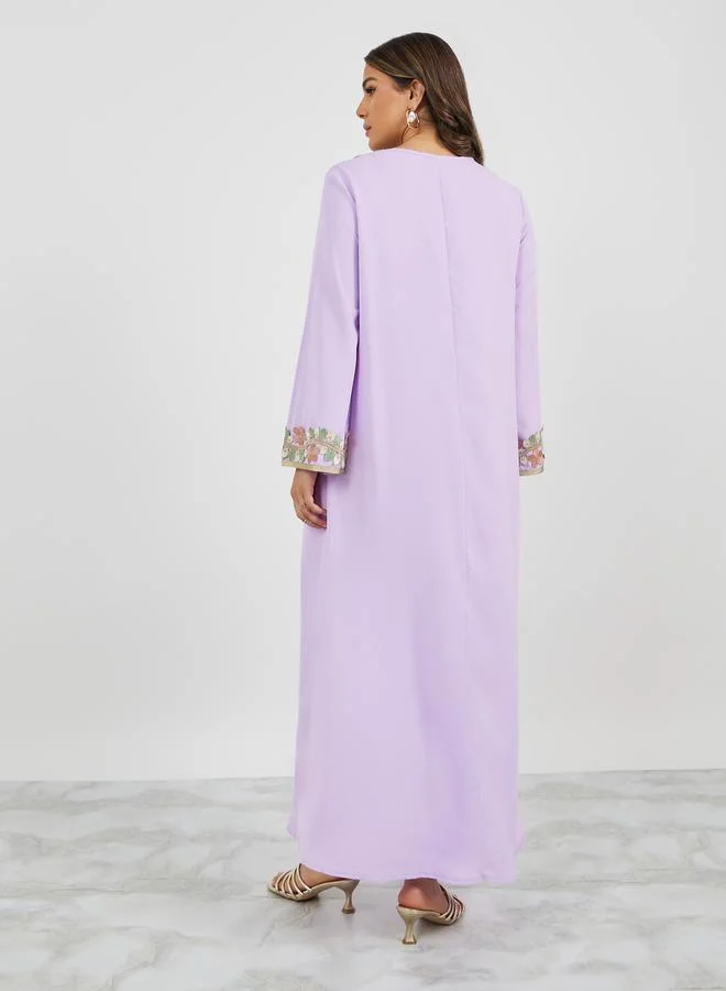 Styli Floral Lace Trim Detail V Neck Jalabiya