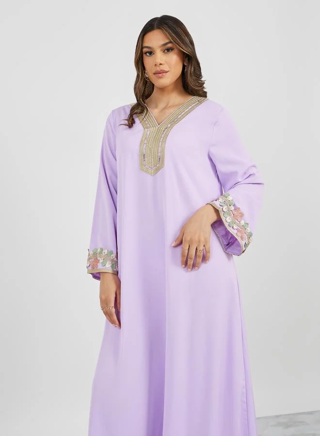 Styli Floral Lace Trim Detail V Neck Jalabiya