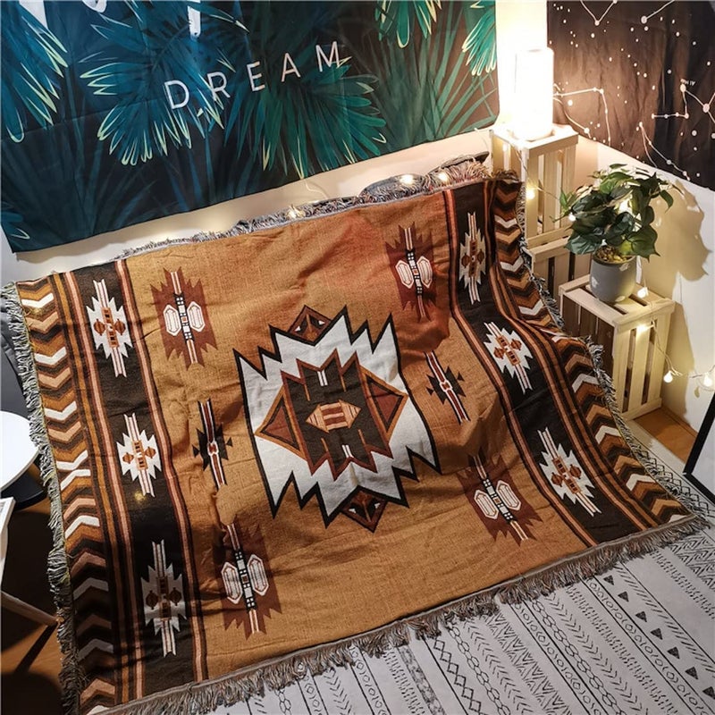 CCHYF Aztec Throw Blanket Native American Blanket Southwestern Boho Decor Reversible Woven Tassels Mexican Blankets and Throws for Couch Bed Chair Wall Livingroom Outdoor Travel Brown 63x87
