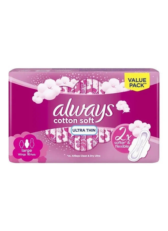 Always Cotton Soft Ultra Thin Large Sanitary Pads With Wings, 16'S 