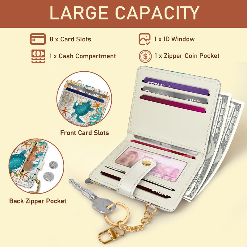Jogjam Sea Turtle Rfid Women Wallet, Small Slim Thin Credit Card Wallet, PU Leather Bifold Cash Zipper Coin Pocket ID Window for Female Ladies Teen Girls Girly - Image 4