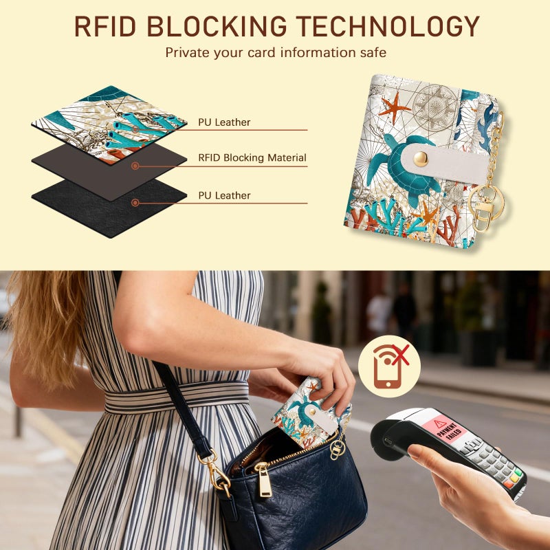 Jogjam Sea Turtle Rfid Women Wallet, Small Slim Thin Credit Card Wallet, PU Leather Bifold Cash Zipper Coin Pocket ID Window for Female Ladies Teen Girls Girly - Image 3