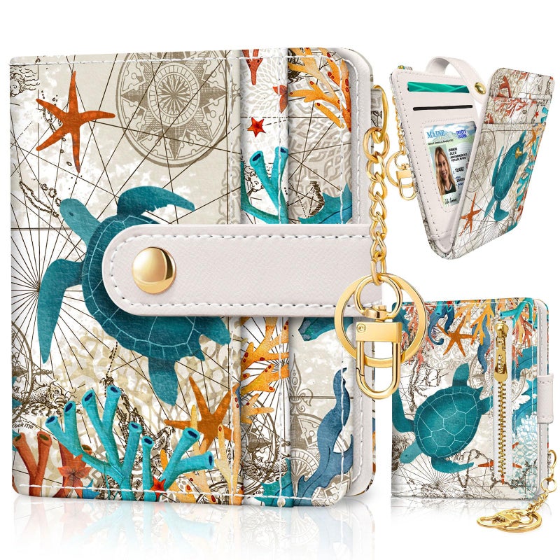 Jogjam Sea Turtle Rfid Women Wallet, Small Slim Thin Credit Card Wallet, PU Leather Bifold Cash Zipper Coin Pocket ID Window for Female Ladies Teen Girls Girly - Image 1