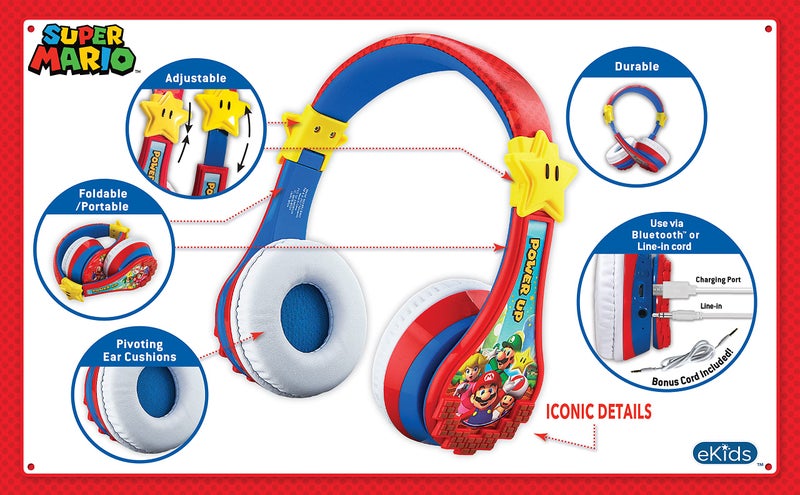 eKids Super Mario Wireless Bluetooth Portable Kids Headphones with Microphone, Volume Reduced to Protect Hearing Rechargeable Battery, Adjustable Kids Headband for School Home or Travel - Image 2