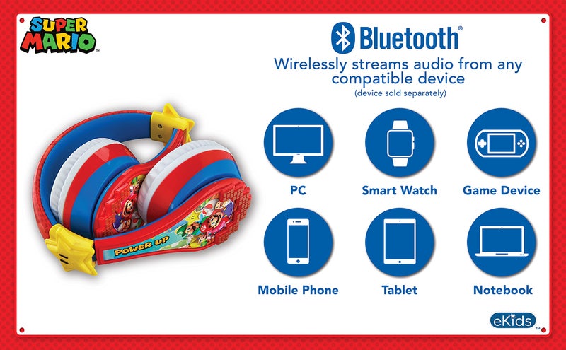 eKids Super Mario Wireless Bluetooth Portable Kids Headphones with Microphone, Volume Reduced to Protect Hearing Rechargeable Battery, Adjustable Kids Headband for School Home or Travel - Image 4