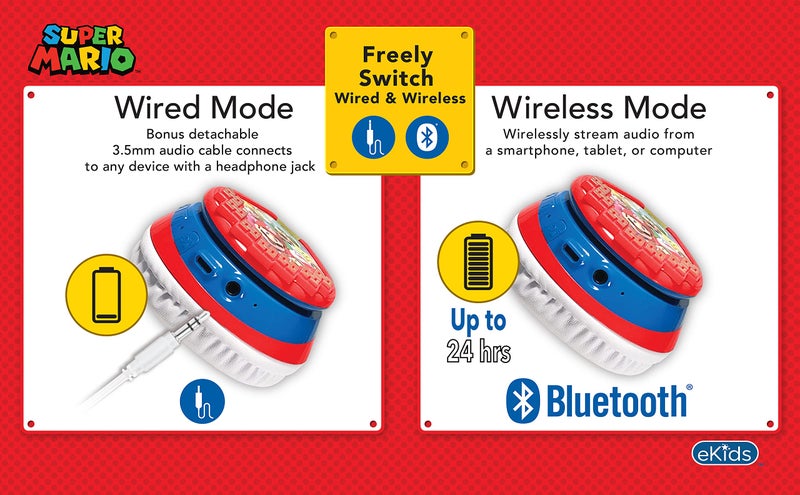 eKids Super Mario Wireless Bluetooth Portable Kids Headphones with Microphone, Volume Reduced to Protect Hearing Rechargeable Battery, Adjustable Kids Headband for School Home or Travel - Image 5