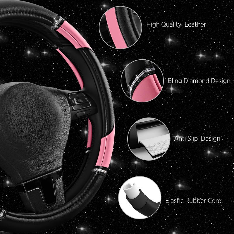 Road Comforts Leather Steering Wheel Cover - Made with PVC Leather - Anti-Slip, Universal Fit 14 1/2 inches to 15 inches - Pink - Image 4