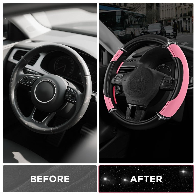 Road Comforts Leather Steering Wheel Cover - Made with PVC Leather - Anti-Slip, Universal Fit 14 1/2 inches to 15 inches - Pink - Image 3