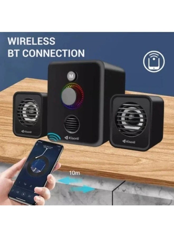 Kisonli Bluetooth USB Gaming Speaker System with RGB Light (U-3000BT) – 2.1 Channel Multimedia Sound Speaker Black - Image 3