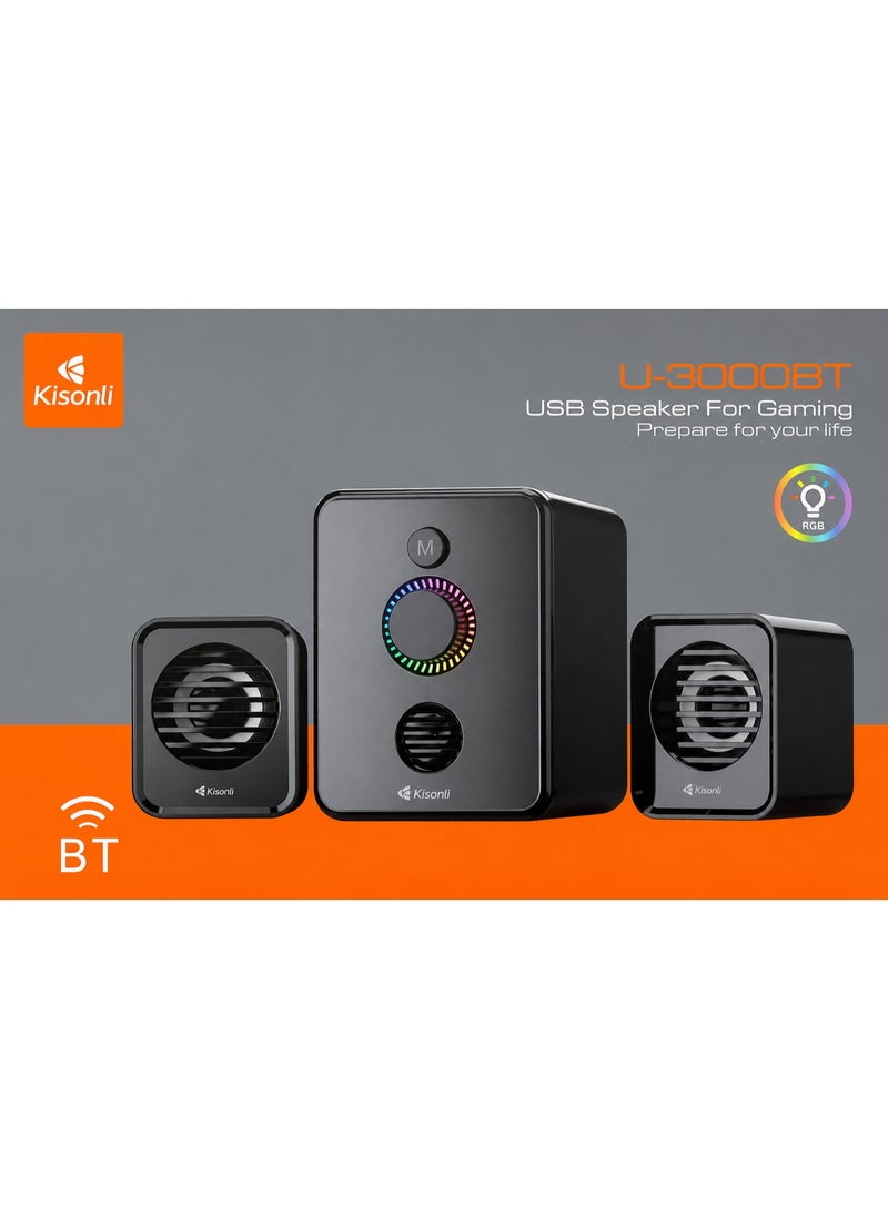 Kisonli Bluetooth USB Gaming Speaker System with RGB Light (U-3000BT) – 2.1 Channel Multimedia Sound Speaker Black - Image 1