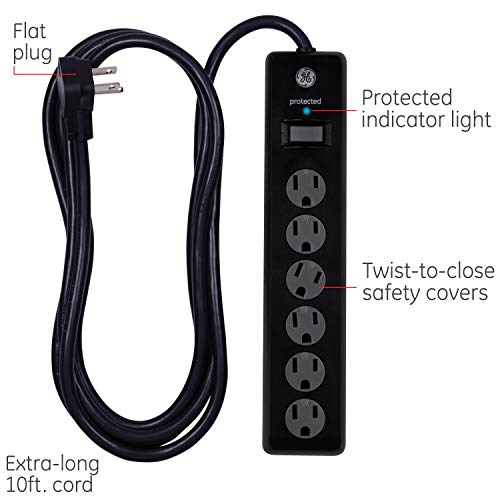 GE 6-Outlet Surge Protector, 10 Ft Extension Cord, Power Strip, 600 Joules, Twist-to-Close Safety Covers, Protected Indicator Light, UL Listed, Black, 37442 - Image 2