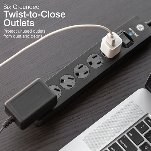 GE 6-Outlet Surge Protector, 10 Ft Extension Cord, Power Strip, 600 Joules, Twist-to-Close Safety Covers, Protected Indicator Light, UL Listed, Black, 37442 - Image 3