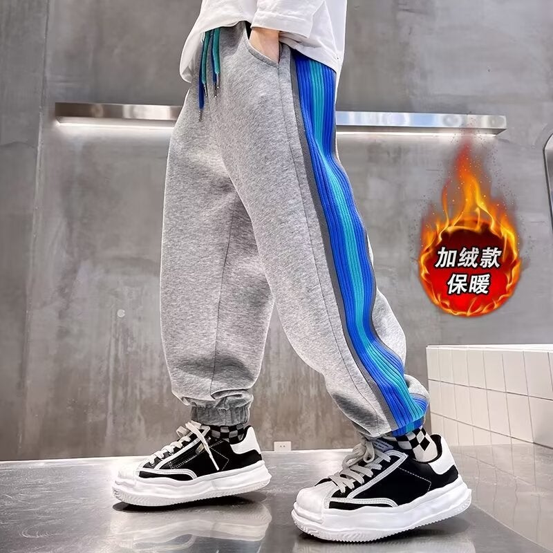 Boys' Sports Pants Casual Loose Western Style Children'S Pants Big Children'S Fashionable Street Fleece-Lined Sweatpants