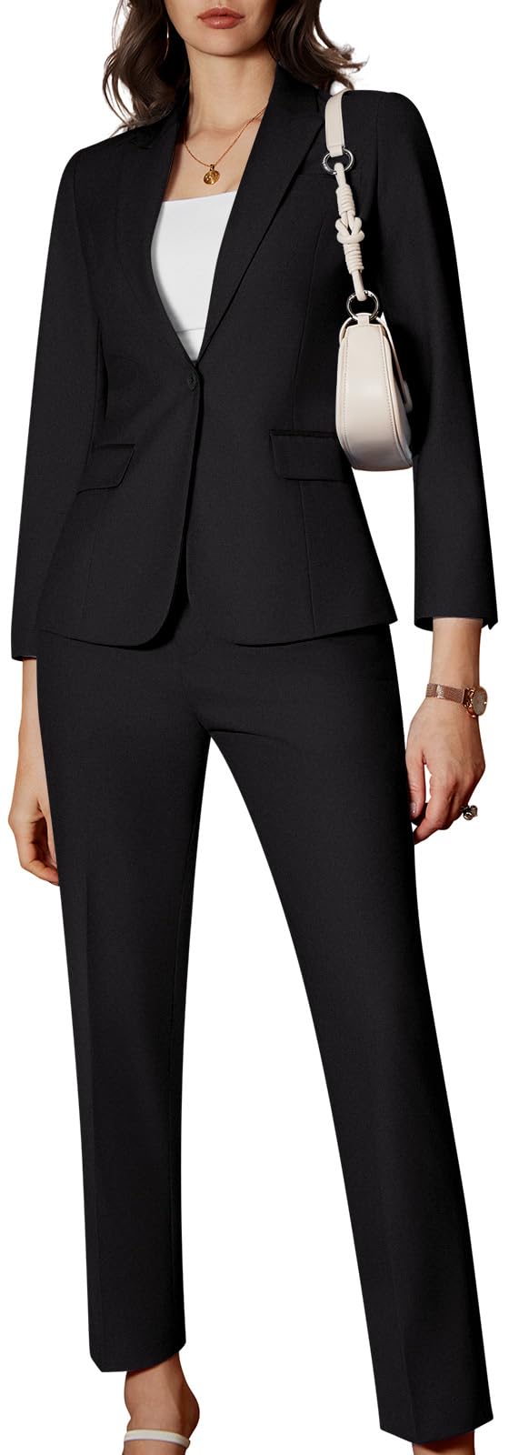 Kelyaa Womens 2 Piece Business Office Suit Lady Peaked Lapel Slim Fit One Button Blazer Jacket and Pants Set Black