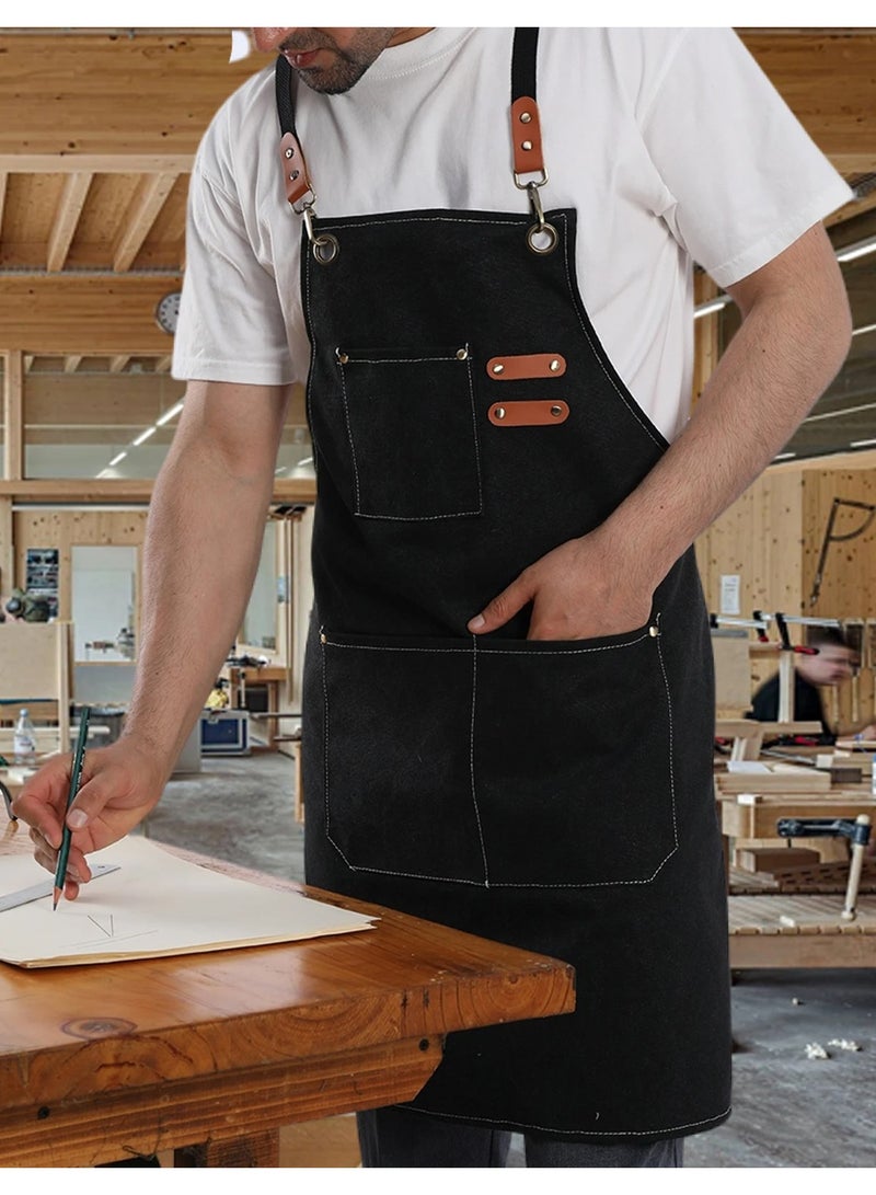 مريول طباخ مقاوم للماء للرجال والنساء، مصنوع من قماش القطن الكانفاس، مزود بأحزمة قابلة للتعديل وجيوب كبيرة، مناسب للمطبخ والطهي والخبز ومصففي الشعر والأعمال الخشبية واللحام والنجارة والرسم والبستنة – اللون الأسود. - Image 1