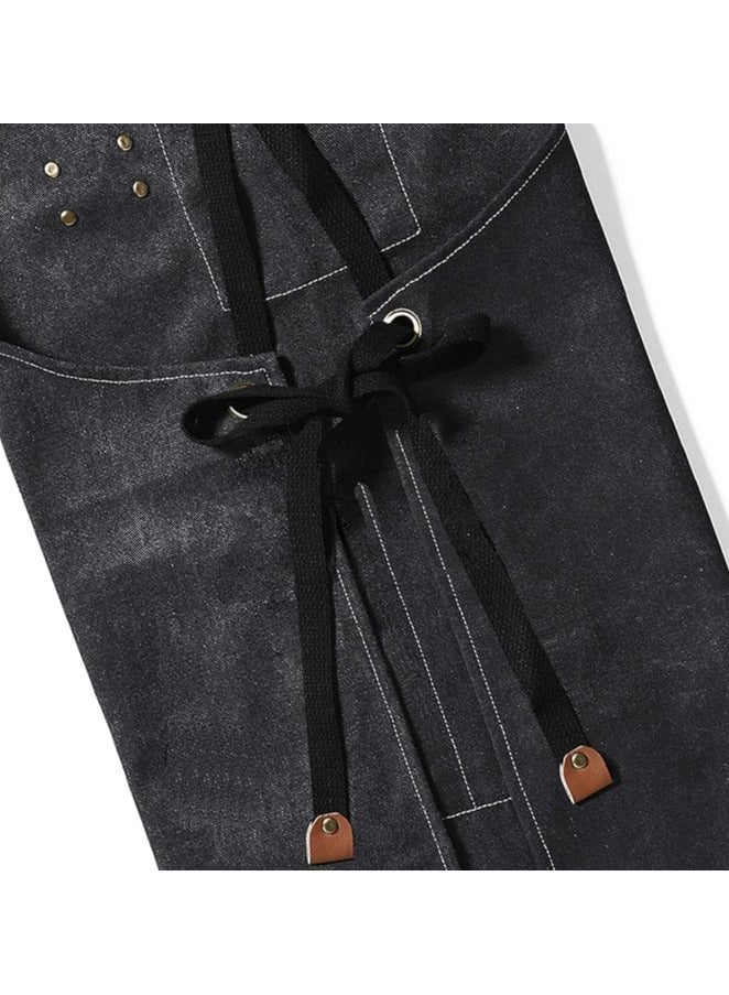 مريول طباخ مقاوم للماء للرجال والنساء، مصنوع من قماش القطن الكانفاس، مزود بأحزمة قابلة للتعديل وجيوب كبيرة، مناسب للمطبخ والطهي والخبز ومصففي الشعر والأعمال الخشبية واللحام والنجارة والرسم والبستنة – اللون الأسود. - Image 4