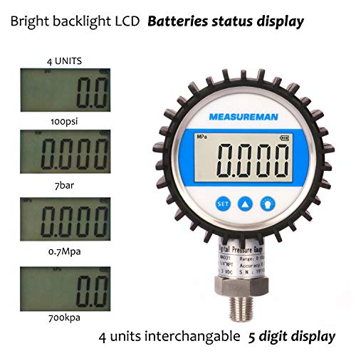 MEASUREMAN 3-1/8" Dial Size, Digital Pressure Gauge, 0-100psi/bar/Mpa/Kpa, 1/4" NPT Lower Mount, 0.25% Accuracy - Image 3