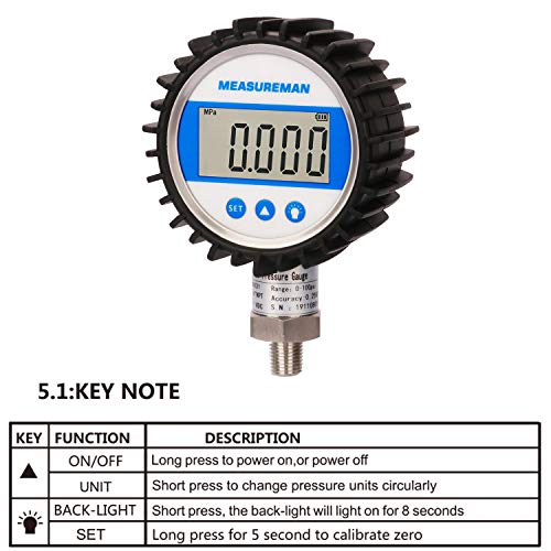 MEASUREMAN 3-1/8" Dial Size, Digital Pressure Gauge, 0-100psi/bar/Mpa/Kpa, 1/4" NPT Lower Mount, 0.25% Accuracy - Image 5