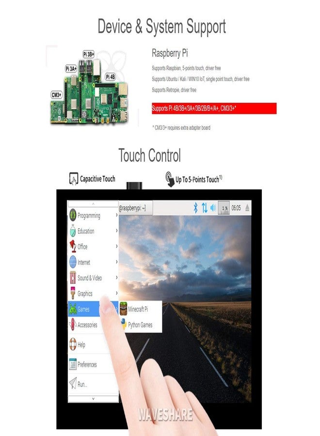 ويف شير شاشة لمس Waveshare مقاس 5 بوصات لجهاز Raspberry Pi، شاشة LCD DSI بدقة 800×480، متوافقة مع Raspberry Pi 4B و3B+ و3A+ و3B و2B وB+ وA+ وCM3/3+، متوافقة مع أنظمة التشغيل Raspbian وUbuntu وKali وWIN10 وIoT وRetroPie - Image 3