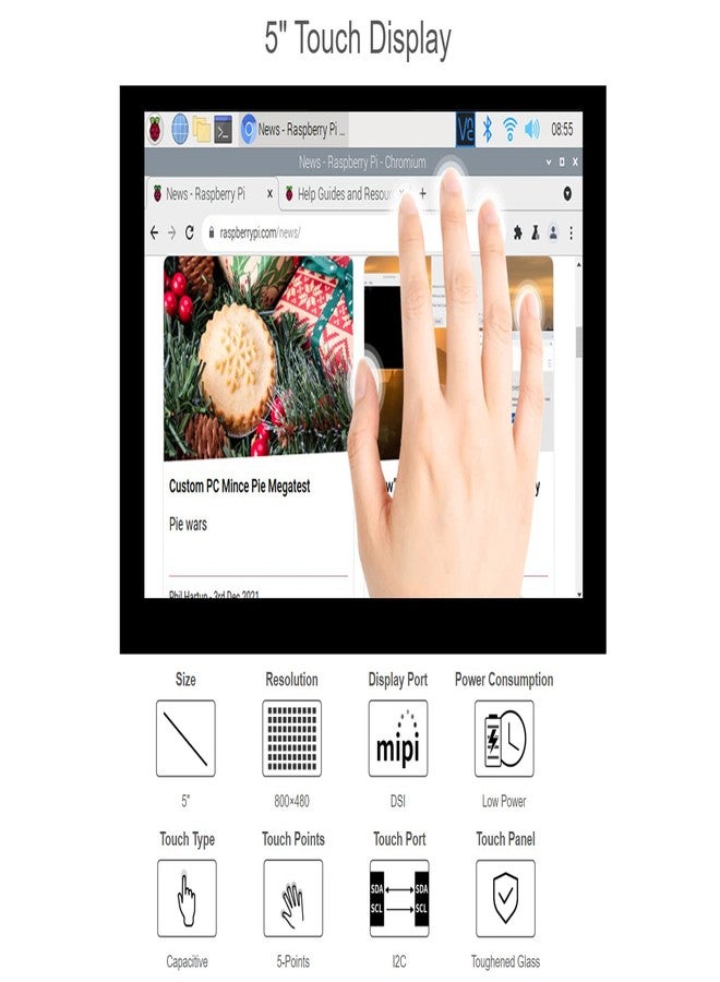 ويف شير شاشة لمس Waveshare مقاس 5 بوصات لجهاز Raspberry Pi، شاشة LCD DSI بدقة 800×480، متوافقة مع Raspberry Pi 4B و3B+ و3A+ و3B و2B وB+ وA+ وCM3/3+، متوافقة مع أنظمة التشغيل Raspbian وUbuntu وKali وWIN10 وIoT وRetroPie - Image 2
