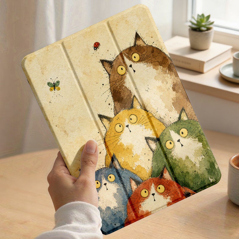 Tablet Case for iPad, Wide Eyed Cats Watching Butterfly, iPad Cover for Mini Air Pro 4 5 6 7 8 9 10 11 12, Compatible with 7.9 8.3 9.7 10.2 10.5 10.9 11 12.9 13 inch Slim Clear Protective Cover with Stand for Women - Image 1