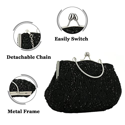 Gets Women Vintage Beaded Evening Clutch Vintage Design Sequin Floral Top-handle Handbag Party Wedding Purse Wallet (Black) - Image 2