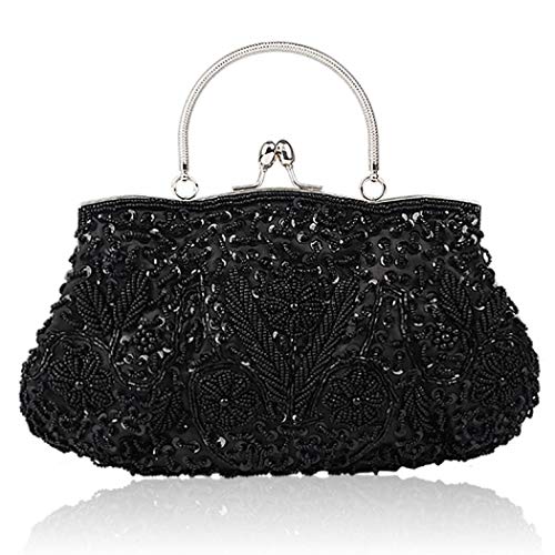 Gets Women Vintage Beaded Evening Clutch Vintage Design Sequin Floral Top-handle Handbag Party Wedding Purse Wallet (Black) - Image 1