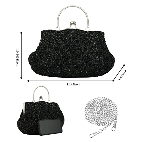 Gets Women Vintage Beaded Evening Clutch Vintage Design Sequin Floral Top-handle Handbag Party Wedding Purse Wallet (Black) - Image 4
