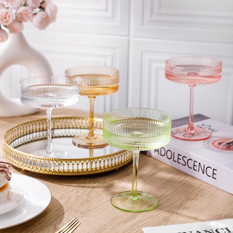 Cyrelwing Colored Coupe Glasses Set of 6 Vintage Art Deco Colorful Champagne Coupe glasses 9 oz,Ribbed Martini Cocktail Glasses|Colored Cocktail Glasses Set for Espresso,Martini,Champagne - Image 5
