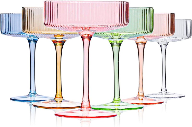 Cyrelwing Colored Coupe Glasses Set of 6 Vintage Art Deco Colorful Champagne Coupe glasses 9 oz,Ribbed Martini Cocktail Glasses|Colored Cocktail Glasses Set for Espresso,Martini,Champagne - Image 1