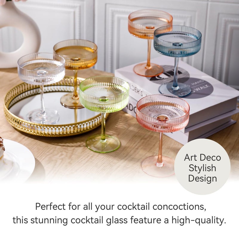 Cyrelwing Colored Coupe Glasses Set of 6 Vintage Art Deco Colorful Champagne Coupe glasses 9 oz,Ribbed Martini Cocktail Glasses|Colored Cocktail Glasses Set for Espresso,Martini,Champagne - Image 2