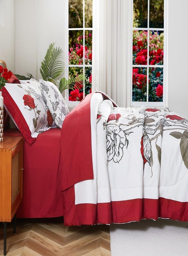 EVENHUG King Size Comforter Set 7 Pieces Red Rose Floral Bedding Sets for All Season Bed in a Bag with Flowers Comforter and Flat Sheet, Fitted Sheet, Pillowcases (104"x90") - Image 4