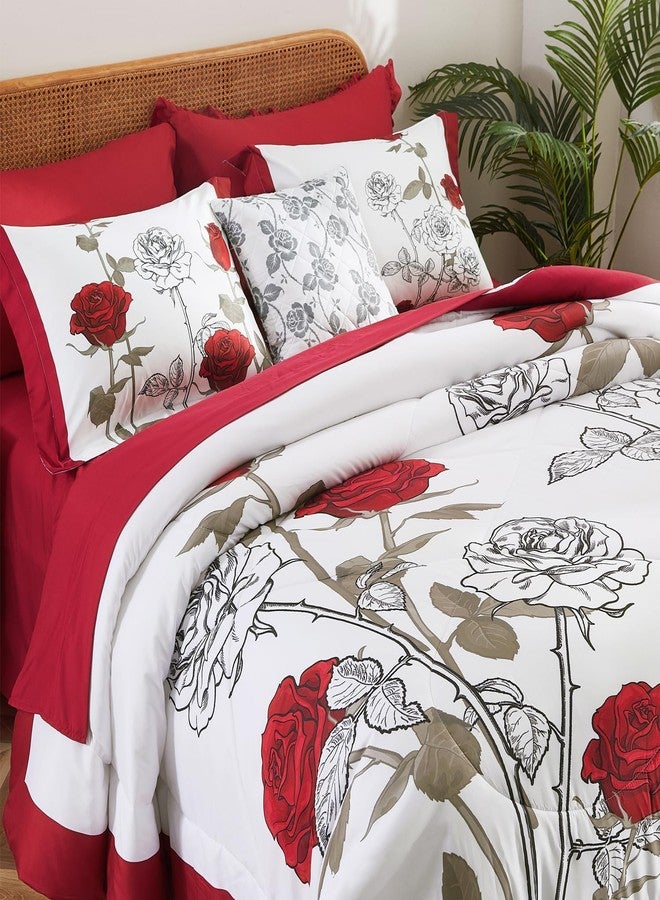 EVENHUG King Size Comforter Set 7 Pieces Red Rose Floral Bedding Sets for All Season Bed in a Bag with Flowers Comforter and Flat Sheet, Fitted Sheet, Pillowcases (104"x90") - Image 3