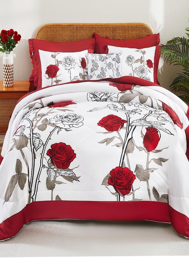 EVENHUG King Size Comforter Set 7 Pieces Red Rose Floral Bedding Sets for All Season Bed in a Bag with Flowers Comforter and Flat Sheet, Fitted Sheet, Pillowcases (104"x90") - Image 2