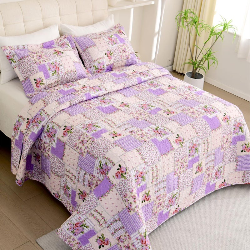 Cmfshape Garden Floral Quilt Bedspread Twin Size,Patchwork Lilac Quilt Set with 1 Pillow Sham,Summer Bedding Set for Girls Women,Soft Lightweight Bed Coverlet for All Seasons(Twin68x86 Lavender) - Image 3