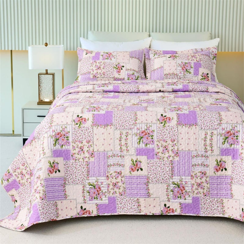 Cmfshape Garden Floral Quilt Bedspread Twin Size,Patchwork Lilac Quilt Set with 1 Pillow Sham,Summer Bedding Set for Girls Women,Soft Lightweight Bed Coverlet for All Seasons(Twin68x86 Lavender) - Image 2