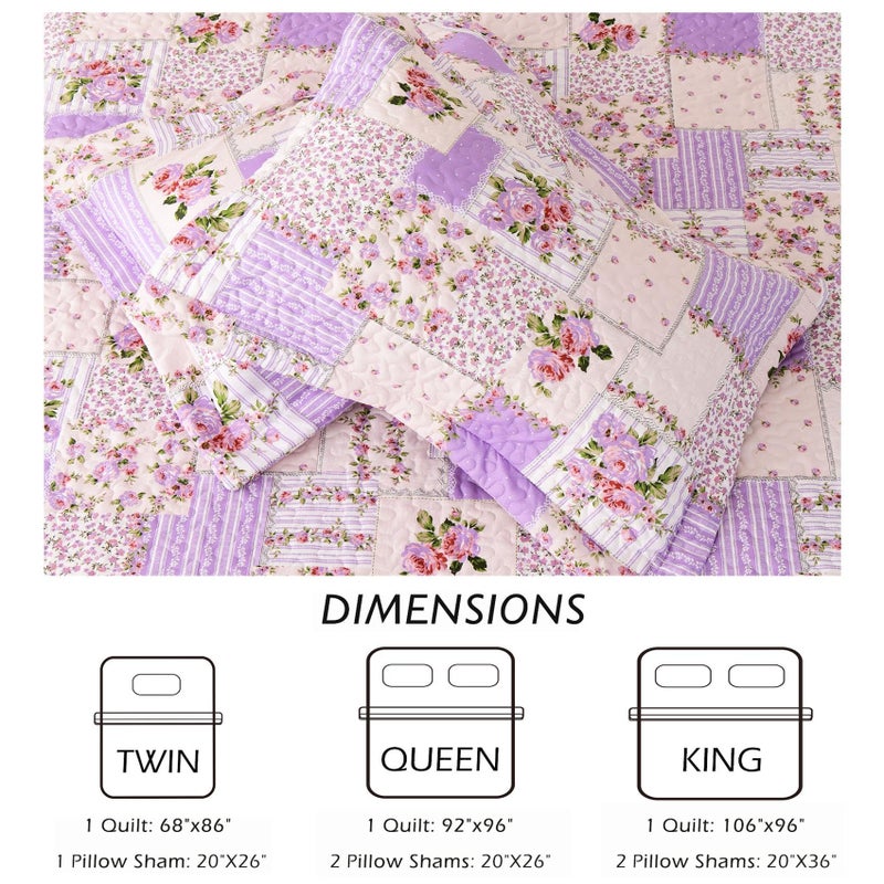 Cmfshape Garden Floral Quilt Bedspread Twin Size,Patchwork Lilac Quilt Set with 1 Pillow Sham,Summer Bedding Set for Girls Women,Soft Lightweight Bed Coverlet for All Seasons(Twin68x86 Lavender) - Image 4